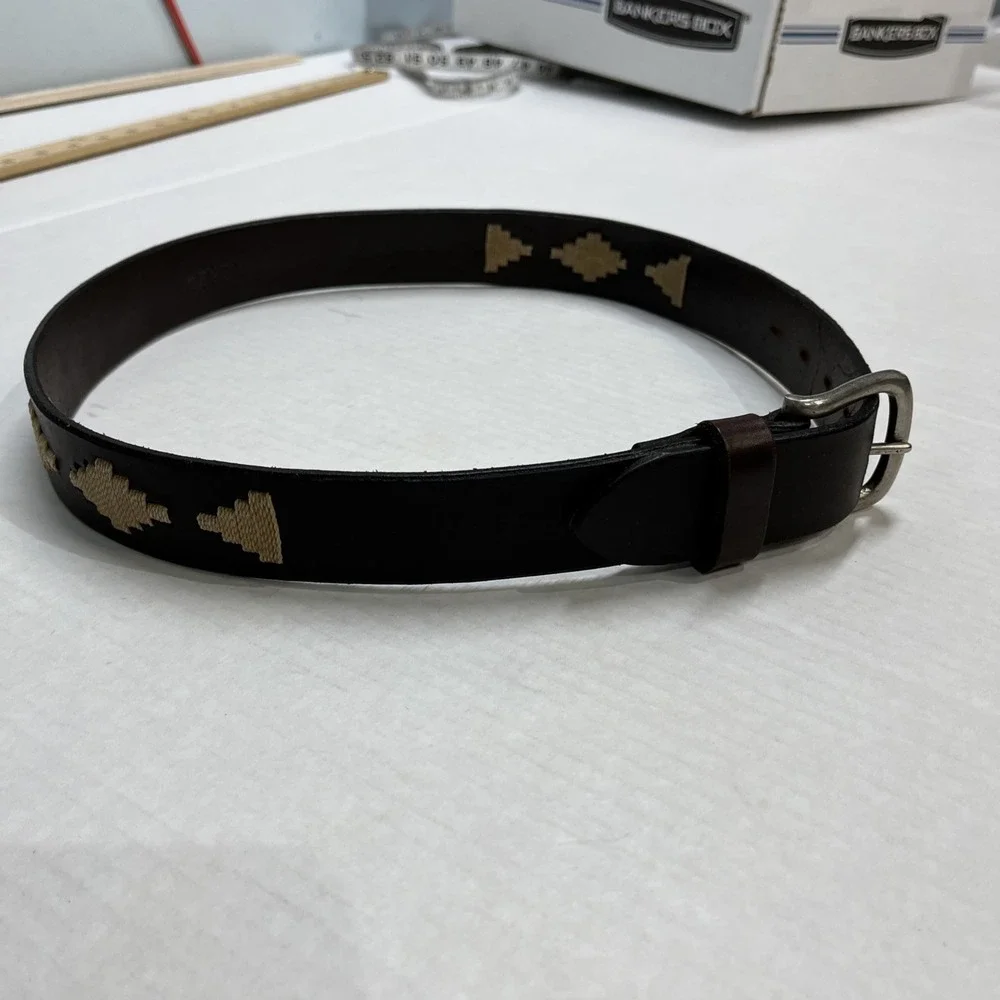 J Crew Belt Brown Leather‎ Stitched Aztec Southwestern Cowgirl Rodeo Size 30